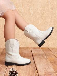 1 Pair Classic Embroidered Fashion All Season Children Boots, Toddler Little Boys Girls Cowboy Boots,Everyday And Vacation Wear, Low Heel Mid-Calf Girls Boots - trắng - Xem 10