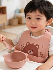 3pcs Baby Feeding Set - Silicone Bowl, Bib, Spoon, Cartoon Bowl Design, Suitable For Everyday Use And Gift Giving - Multicolor - View 3