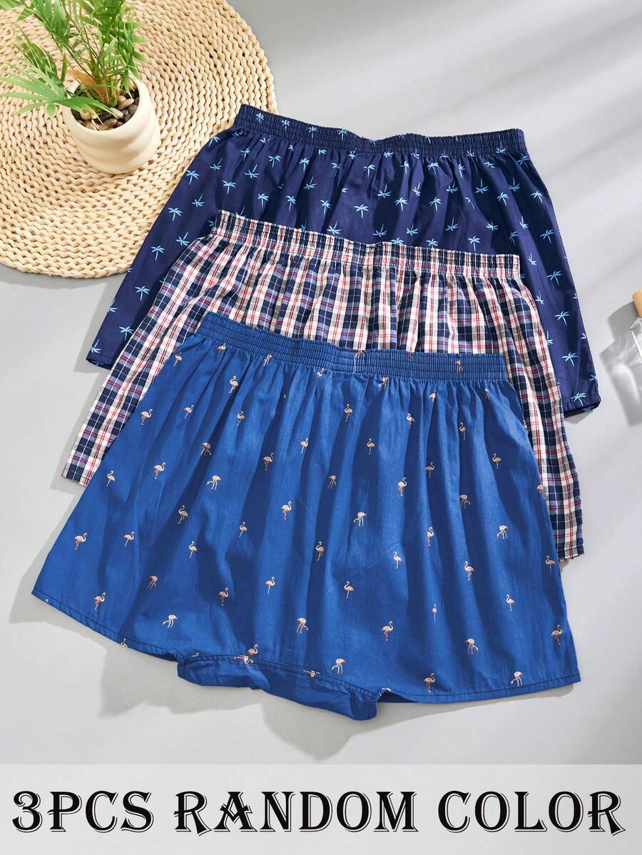 3pcs Men's 100% Cotton Printed Classic Plaid Aloe Vera Pants, Fashionable & Comfortable - Multicolor - View 1