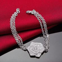 925纯银镀层大玫瑰花链手链，女士魅力婚礼订婚派对最佳礼物 - 銀色 - 查看 3