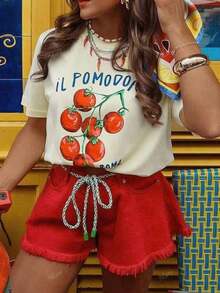 Camiseta Casual Feminina de Manga Curta com Gola Redonda e Estampa de Tomate - Damasco - Visão 4