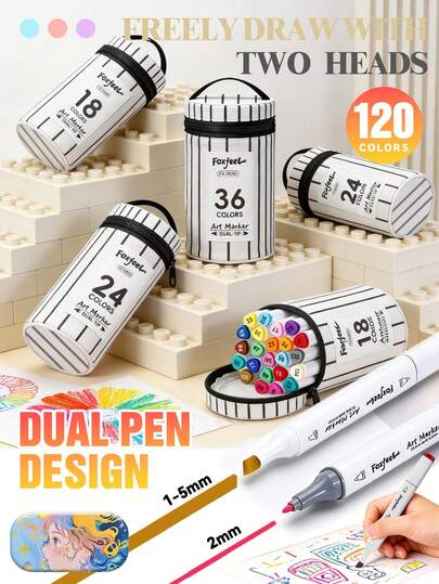 Back To School Season & Multi-Size Dual-Tip Marker Pen Set, 12/18/24/36/48/60/80/108/120 Colors Available, Bucket Packaged Convenient 1-5mm Broad Tip + 2mm Fine Tip, Dual-Tip Broad & Fine Markers, Quick-Drying & Bleed-Proof, For Art, Painting, Note-Taking, Colored Drawing