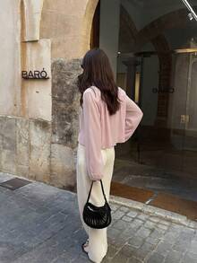 Solid Color Chiffon Twist Ruffle Hem Long Sleeve Blouse, Suitable For Dates, Vacation, And Everyday Wear Spring - Baby Pink - View 4