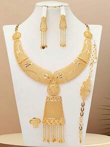 5件套优雅花卉几何图案镀金铜质围兜项链套装，适合婚礼、新娘、庆典、派对、周年纪念日佩戴，也是送给爱人、母亲、姐妹的礼物。 - 香檳色 - 查看 6