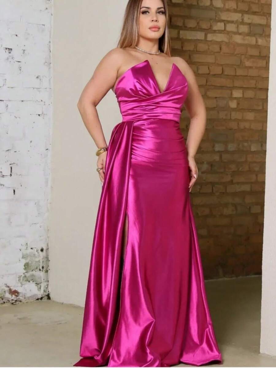Strapless Dress With Slit For Graduation, Wedding Party, Bridesmaid - 玫紅色 - 查看 1
