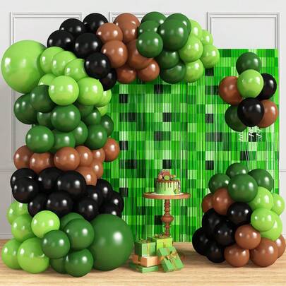 125 piezas Conjunto de arco de globos con temática de juego de píxeles, incluye globos de látex verde oscuro, verde claro, negro y marrón. Perfecto para fiestas de cumpleaños, decoraciones de juegos, fiestas al aire fiestas con temática de juego de minero de píxeles.