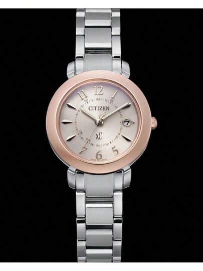 CITIZEN 34mm Reloj de acero inoxidable con energía solar, bisel color oro rosa, esfera plateada con números arábigos y pantalla de fecha, resistente al agua 30M - ES9446-54W