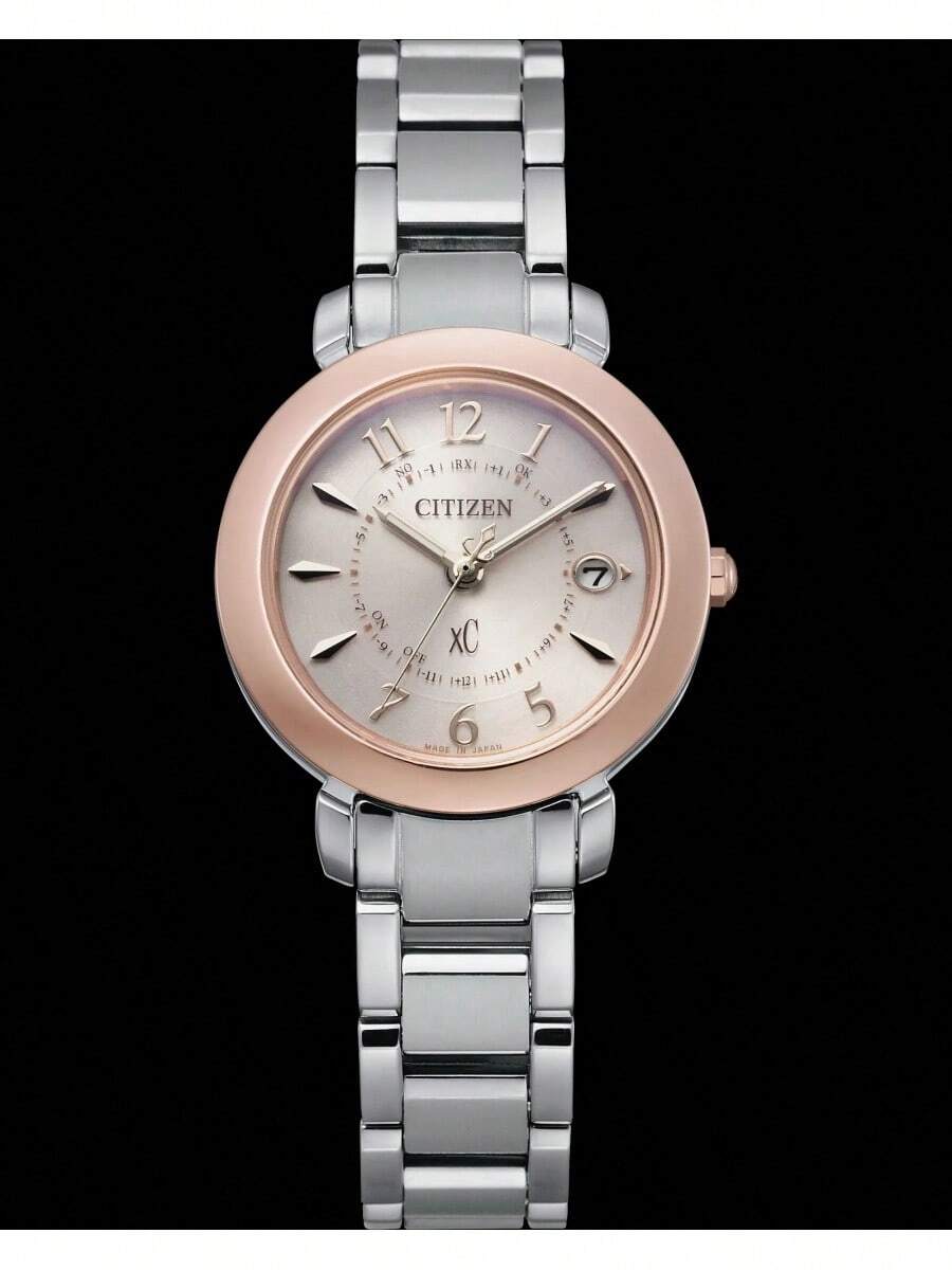 CITIZEN 34mm Reloj de acero inoxidable con energía solar, bisel color oro rosa, esfera plateada con números arábigos y pantalla de fecha, resistente al agua 30M - ES9446-54W - Blanco - Ver 1