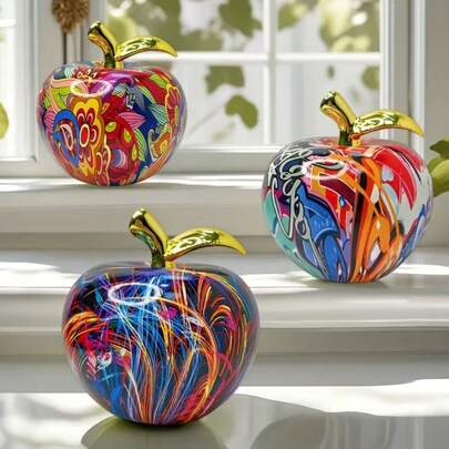Decorazione mela con graffiti colorati, con manico dorato, ogni motivo è unico, aggiungendo un'atmosfera vivace alla tua casa. È il tocco finale per esaltare il tuo stile, adatto per camera da letto, soggiorno e scrivania. La decorazione a forma di mela è un regalo ideale per le vacanze e i compleanni.