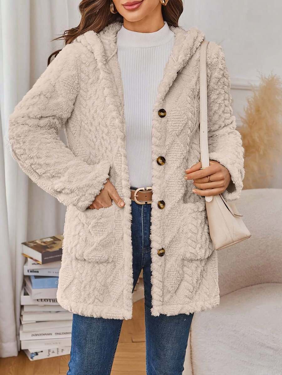 Hooded Mid-Length Coat, Button-Front Closure, Equipped With Practical Pockets For Small Daily Items, Provides Gentle Warmth For Daily Wear, Easy To Layer With Inner Garments, Ideal For Commutes And Casual Outings, Adds Comfort To Your Daily Looks, Suitable For The Transition From Autumn And Winter To Spring - Xám - Xem 1