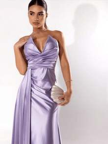 Strapless Dress With Slit For Graduation, Wedding Party, Bridesmaid - Lilac Purple - View 2