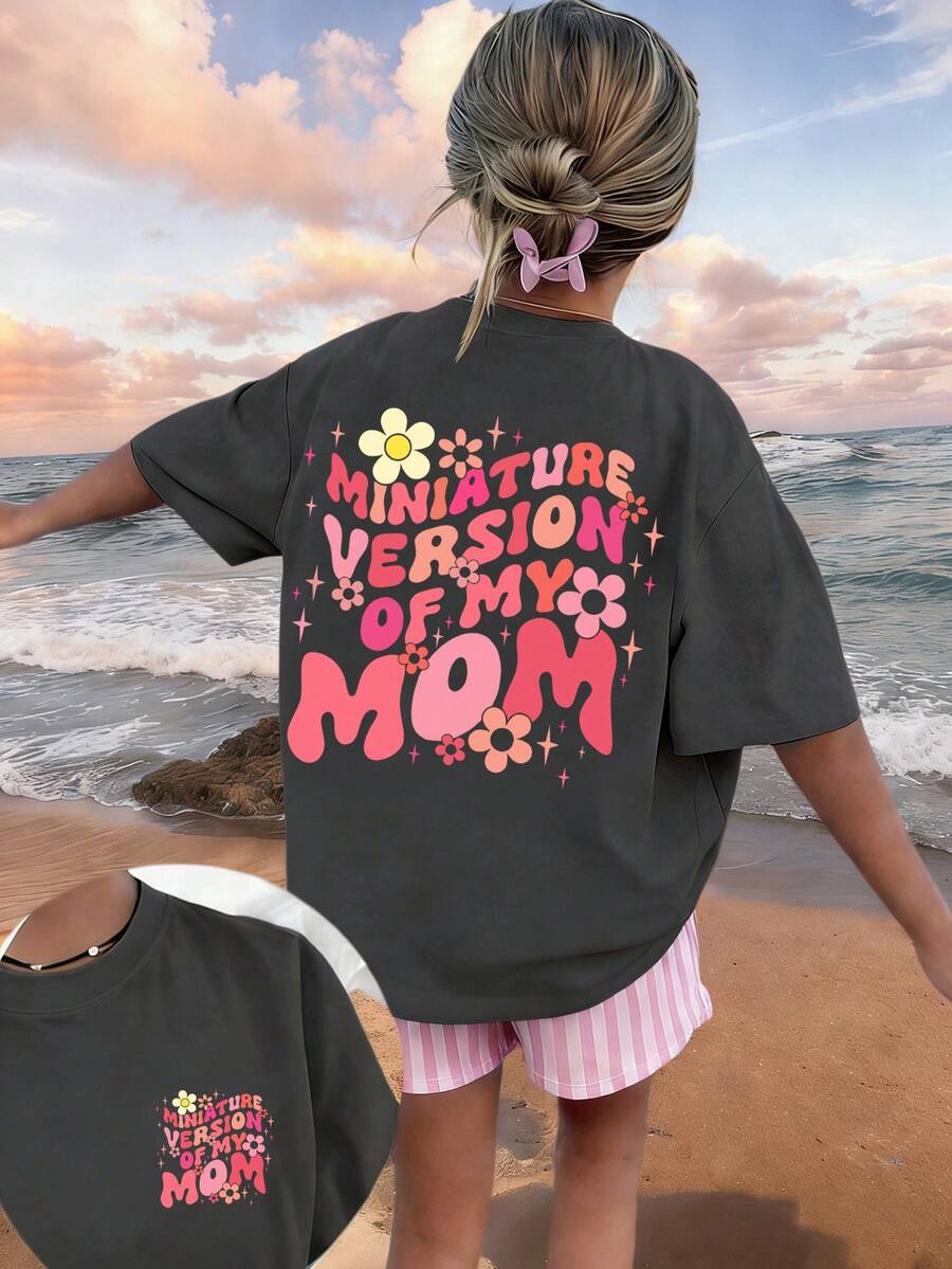 Camiseta de manga corta y cuello redondo con estampado divertido, top de verano informal para niña preadolescente - Gris Oscuro - View 1