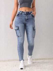 Jeans Ajustados de Cargo de Alta Elasticidad de Color Gris Oscuro/Azul Claro/Azul Oscuro para Mujer, Pantalones que Levantan las Nalgas y Adelgazan las Piernas - Azul claro - Ver 2