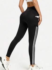 1-Pack High-Waisted Yoga Pants, Double-Stripe Design, With Pockets, Ultra-Stretchy, Comfortable, And Machine-Washable, For Yoga And Fitness Workouts. - 黑色 - 查看 4