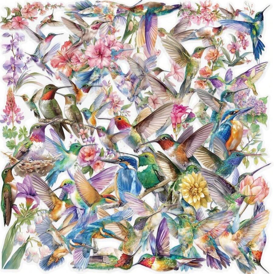 50 Pcs New Style Hummingbird & Flower Animal Stickers - Transparent Waterproof PET Decals For DIY Phone Cases, Journals & Water Bottles - 50PCS - View 1