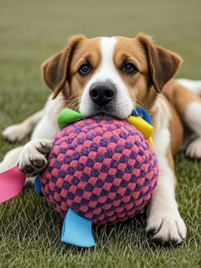 Heavy-Duty Chew-Resistant Dog Ball With Bell - Interactive Fetch & Tug-Of-War, Black & White Checkered Pattern, No Batteries Needed - Ideal For All Breeds, Puppies, And Adult Dogs - Durable Polyester Pet Toy For Indoor/Outdoor Play, Playful Design, Longlasting Material, Active Pets, Dog Toy For Small Dog, Dog Toy For Medium, Dog Toy For Large, Dog Toys, Dog Accessory,The Color Of The Decorative Ribbon Is Random.