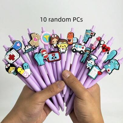 5/10/6/12pcs Purple Doctor Figurine Retractable Ballpoint Pens | Student Stationery, Random Style, Smooth Writing, Doctor/Nurse Office Pen, Small Gift, Suitable For Festivals And Parties, Twist-Open Cap, Plastic Material, Medium Tip