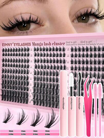 Eimny 300PCS Lash Cluters Kit, D Curl Lash Extension Kit,Eyelash10-18mm ,Manga Lash Clusters Kit,Anime Individual Lashes Kit Cluster Eyelash Extensions With Bond And Seal And Tweezers.Brush,DIY Eyelash Extension Kit, Suitable For Beginners, Long-Lasting And Durable, Eyelash Tech Supplies