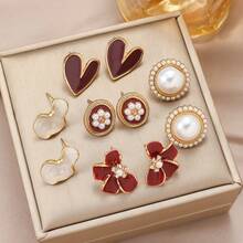 10件套女士时尚首饰套装，法式复古酒红色几何不对称仿珍珠心形耳钉套装，适合女士日常休闲佩戴，节日礼物 - 愛心 - 查看 1