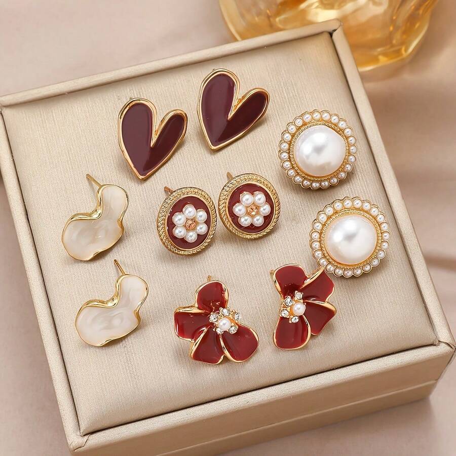 10件套女士时尚首饰套装，法式复古酒红色几何不对称仿珍珠心形耳钉套装，适合女士日常休闲佩戴，节日礼物 - 愛心 - 查看 1