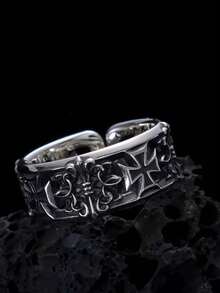 Cross Design Men's Ring, Hiphop Indie Style, Vintage Black Color Elegant Open Band - Antique Silver - View 1