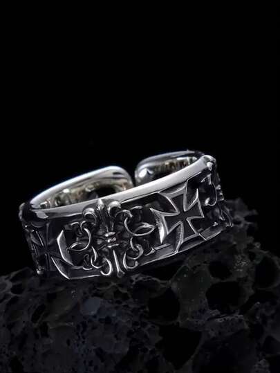 خاتم رجالي بتصميم الصليب، بطراز هيب هوب مستقل، لون أسود عتيق أنيق بشكل مفتوح