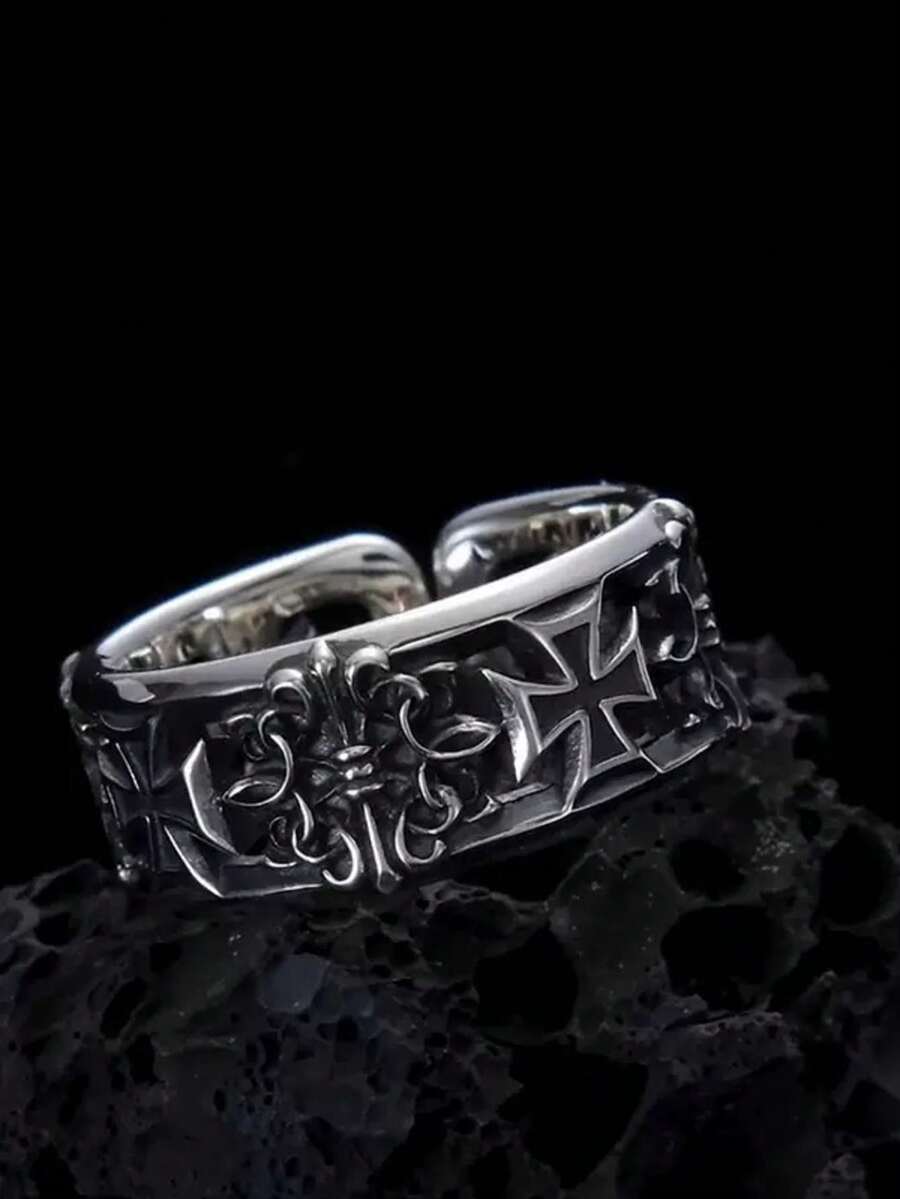 Cross Design Men's Ring, Hiphop Indie Style, Vintage Black Color Elegant Open Band - Antique Silver - View 1