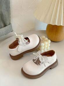 1 Pair 2026 New Beige Girls' Leather Shoes With Pearl, Lace & Bow Design, Soft Non-Slip Flat Casual Shoes, Minimalist Versatile Daily Wear - Beige - View 4