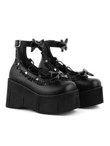 Gothic Women Mary Jane Pumps Bow Lace-Up Ankle Srtap Buckle Frilled Platform Wedge Heel Shoes Punk Y2K Cosplay Lolita Style Dress Party Shoes - 黑色 - 查看 7