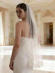 1件花卉刺绣新娘头纱，婚纱头纱，适用于教堂婚礼角色扮演、结婚证仪式、情人节等场合，花卉印花波西米亚尼龙材质 - 彩色 - 查看 1