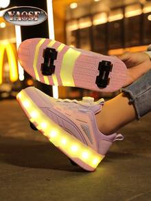 YAOSF Zapatos con ruedas para niños/adolescentes - Versión mejorada con mayor estabilidad, zapatos deportivos 2 en 1 desmontables, zapatos de patinaje sobre ruedas geniales para la calle, zapatos deportivos luminosos para exteriores, zapatos para padres e hijos, nuevos patines en línea, zapatos con luces para la noche, zapatos con ruedas recargables por USB, zapatos con ruedas y luces LED, zapatos deportivos con suela con luces LED para niños/niñas, estudiantes, zapatos con ruedas para deportes al aire libre - Rosa - Ver 4
