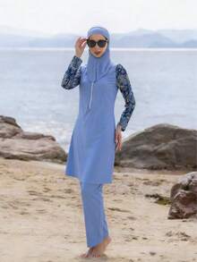Middle Eastern Style 3 Pieces Set : Long Sleeve Top, Long Pants, And Hooded Modest Swimsuit For Women, Summer Beach - Mauve Purple - View 5