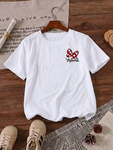 Disney Minnie Mouse Cute Face Portrait Red Polka Dot Bow Printed Pattern T-Shirts For Girls - Children's Clothing Design Short-Sleeved Casual And Cute Style Comfortable And Casual Wear All Year Round Suitable For Parties And Play Machine Washable Gift Children's Clothing Girls' Short-Sleeved Shirts - trắng - Xem 3