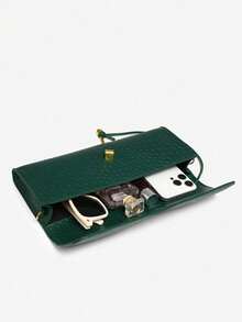 Women's Braided Textured Leather Handbag Flap Clutch Purse Top Handle Punk Hobo Bags, Women's Retro Minimalist Faux Woven Texture Angora Red Vintage Flap Lock Large Capacity Clutch Handbag, Shoulder Bag For Parties, Outings And Daily Use - 綠色 - 查看 5