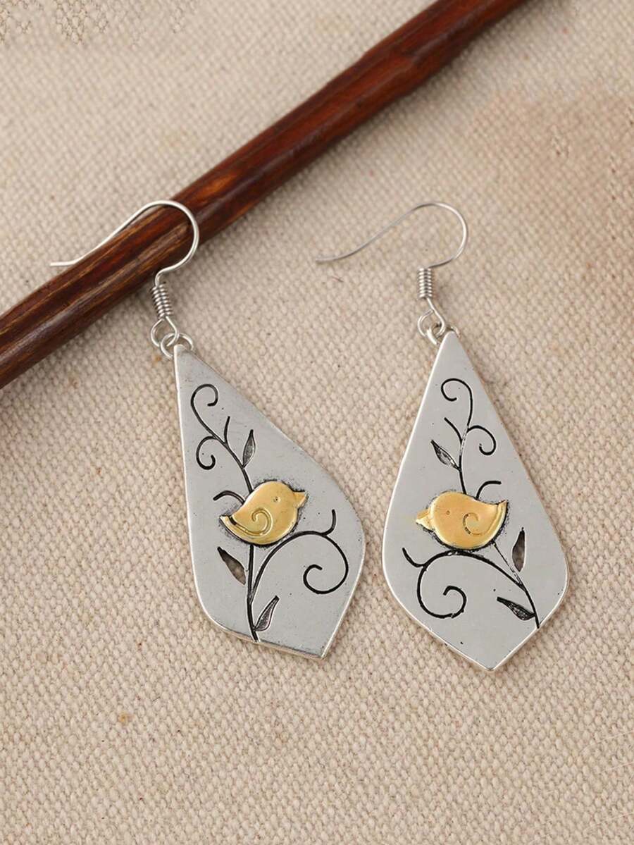 复古手工鸟形吊坠耳环，水滴形大耳环，精致艺术耳环，完美的节日礼物 - 銀色 - 查看 1