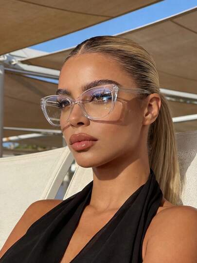 Unisex Computer/Gaming/TV/Phone Glasses With Cat Eye Frame, Plastic Transparent Glasses Frame, Light Glasses, Transparent Lens Turning To Light Brown, Fashion Optical Glasses Frame