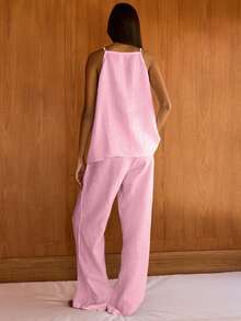 Conjunto de algodón casual y elegante para mujer, top de tirantes y pantalones rectos - Rosa - Ver 2