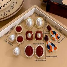 18pcs/Set Women's Fashion Jewelry Set, Retro Elegant Burgundy Geometric Faux Pearl Earrings Set, Suitable For Daily Casual Wear Or Holiday Gifts - Geometry - View 3