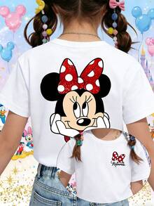 Disney Minnie Mouse Cute Face Portrait Red Polka Dot Bow Printed Pattern T-Shirts For Girls - Children's Clothing Design Short-Sleeved Casual And Cute Style Comfortable And Casual Wear All Year Round Suitable For Parties And Play Machine Washable Gift Children's Clothing Girls' Short-Sleeved Shirts - trắng - Xem 1