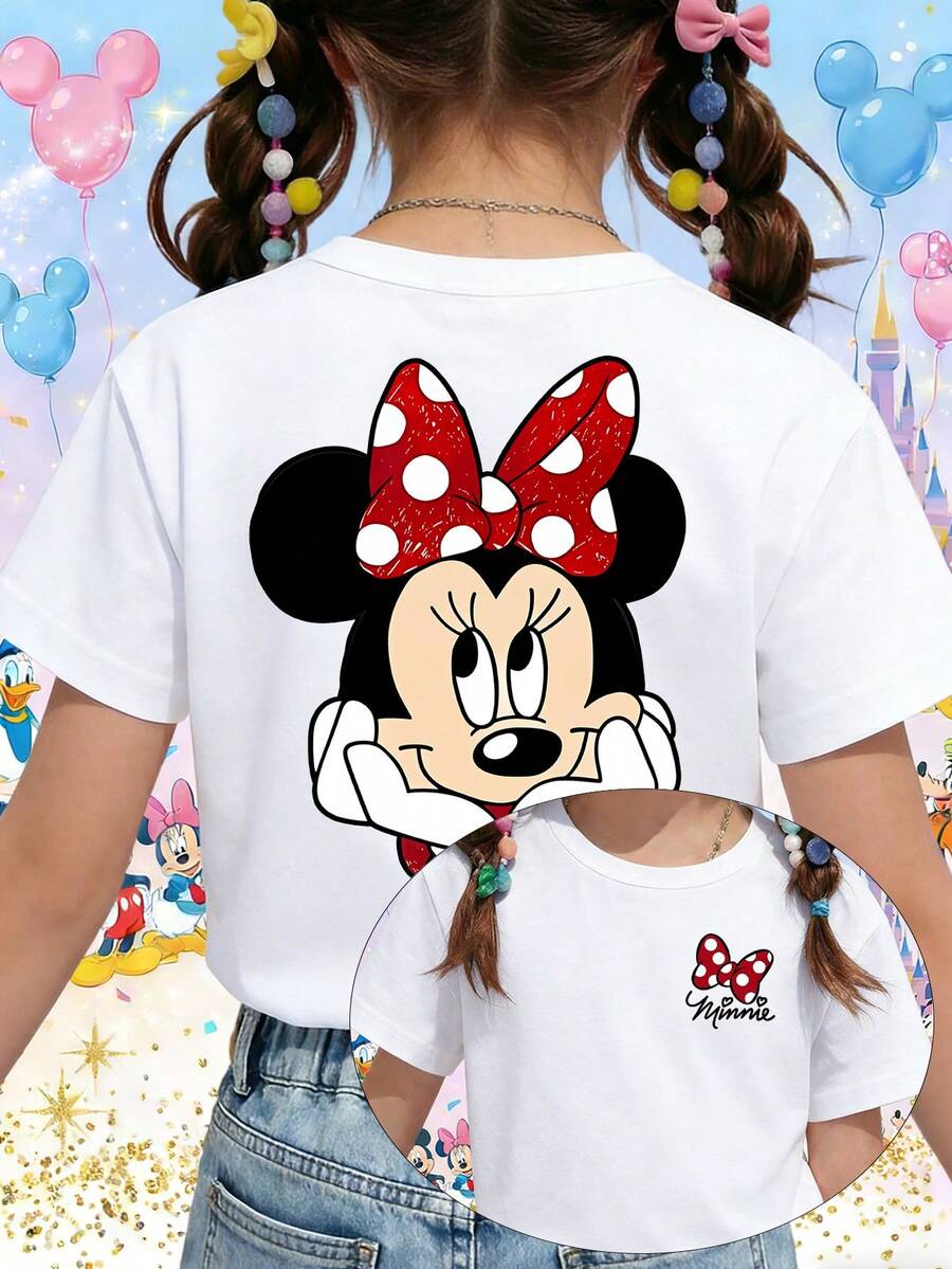 Disney Minnie Mouse Cute Face Portrait Red Polka Dot Bow Printed Pattern T-Shirts For Girls - Children's Clothing Design Short-Sleeved Casual And Cute Style Comfortable And Casual Wear All Year Round Suitable For Parties And Play Machine Washable Gift Children's Clothing Girls' Short-Sleeved Shirts - trắng - Xem 1