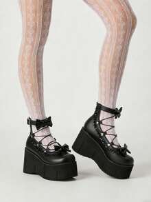 Gothic Women Mary Jane Pumps Bow Lace-Up Ankle Srtap Buckle Frilled Platform Wedge Heel Shoes Punk Y2K Cosplay Lolita Style Dress Party Shoes - 黑色 - 查看 5