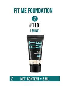 Maybelline Kem nền Fit Me Matte Perfect Foundation SPF 17 #110, tông hồng trắng, 5/30ml. Cung cấp độ ẩm lâu dài 24 giờ, công thức 3 trong 1 (cố định lớp trang điểm/dặm lại/làm sáng da), lớp nền lì tự nhiên và dưỡng chất lâu trôi. Quy trình trang điểm 3 bước dễ dàng, phù hợp với tông da hồng trắng và da dầu, tạo lớp nền hoàn hảo, lâu trôi cho sử dụng hàng ngày. - Phiên bản sương mù nhẹ 110 - Xem 13