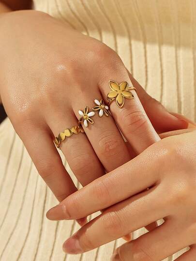 Set de 3 anillos de acero inoxidable chapado en oro de 18K con doble capa y flor 3D incrustada de resina, disponible en múltiples tallas, adecuado para decoración diaria de mujeres