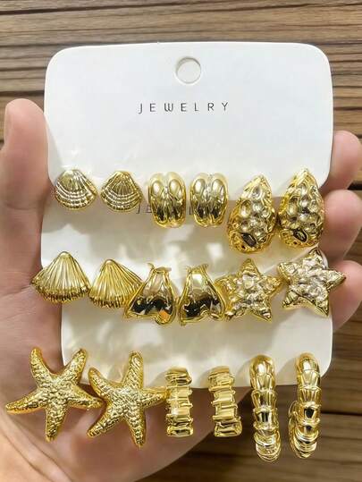 6/18件套金色女士时尚海洋系列套装（贝壳、海星、C形），适合海滩度假和日常穿着