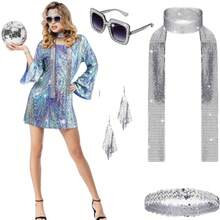 70s Disco Costume Accessories Set: Sequined Headband, Fashion Glasses, Necklace, Earrings, Rhinestone Scarf Halloween Prom - Multicolor - View 3