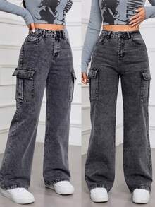 Jeans Rectos de Cargo de Lavado Desgastado de Color Gris Oscuro para Mujer, Pantalones Modernos y Casuales - Gris Oscuro - Ver 1