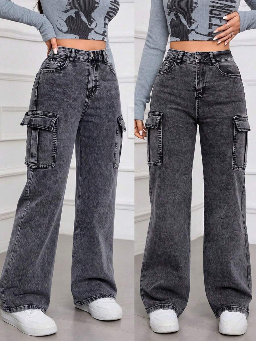 Jeans Rectos de Cargo de Lavado Desgastado de Color Gris Oscuro para Mujer, Pantalones Modernos y Casuales - Gris Oscuro - Ver 1