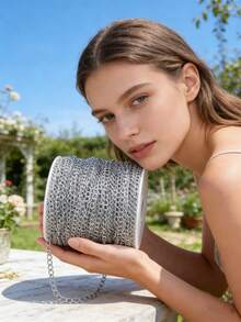 1/3/5/10/100m Cadena de acero inoxidable plateado pulido, adecuada para hacer accesorios de joyería DIY (1/3/5/10m, sin enrollar) 100m enrollada - Plateado - Ver 12