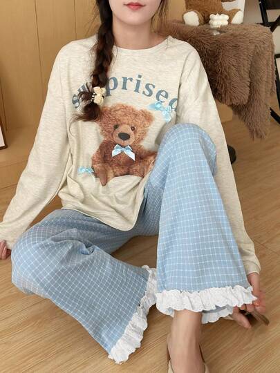  [AICJ Sleepwear]2pcs Women Cartoon Puppy Print Casual Bowknot Pajama Set, Long Sleeve Round Neck Top And Long Pants, Comfortable Loose Fit, Ribbed Cuffs, Suitable For Spring, Autumn, Winter