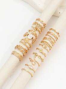 Bộ 21 chiếc nhẫn hình hoa hồng, rắn, cỏ ba lá, mắt, gai, hình số 8, hình thoi dành cho nữ - Vàng - Xem 2